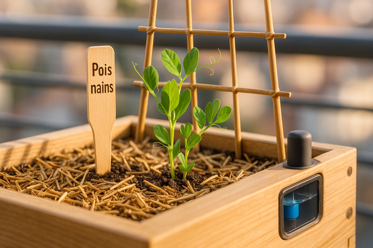Paillage et mini-treillis sur balcon potager urbain