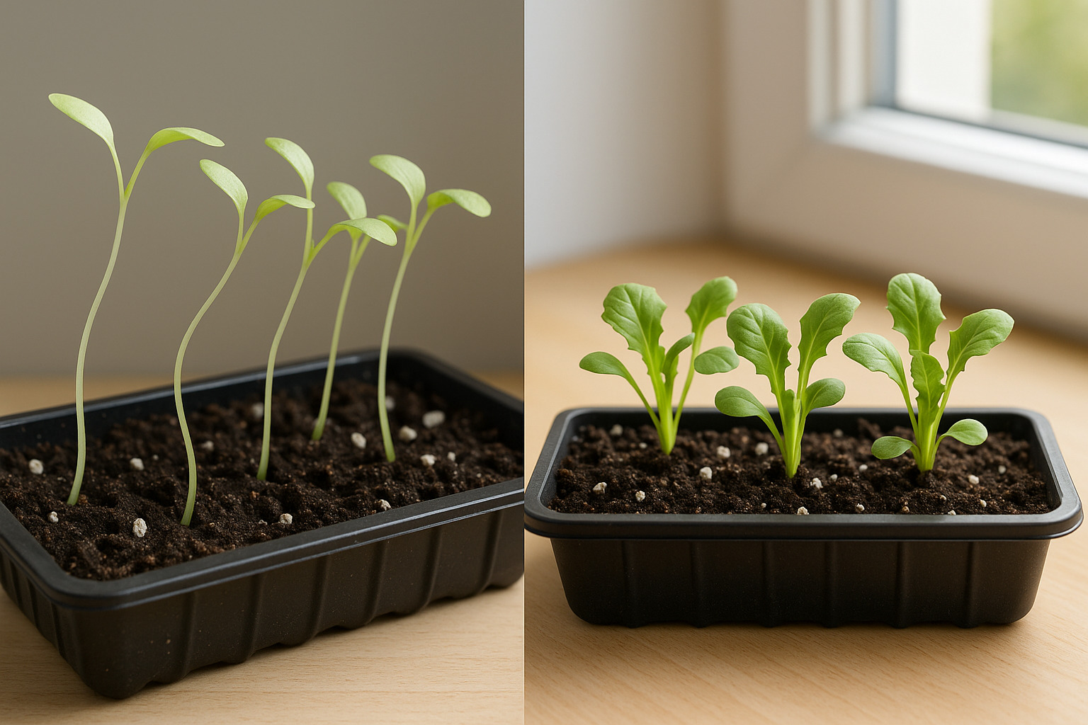 Comparatif semis : plantules filées par manque de lumière vs plantules compactes bien éclairées