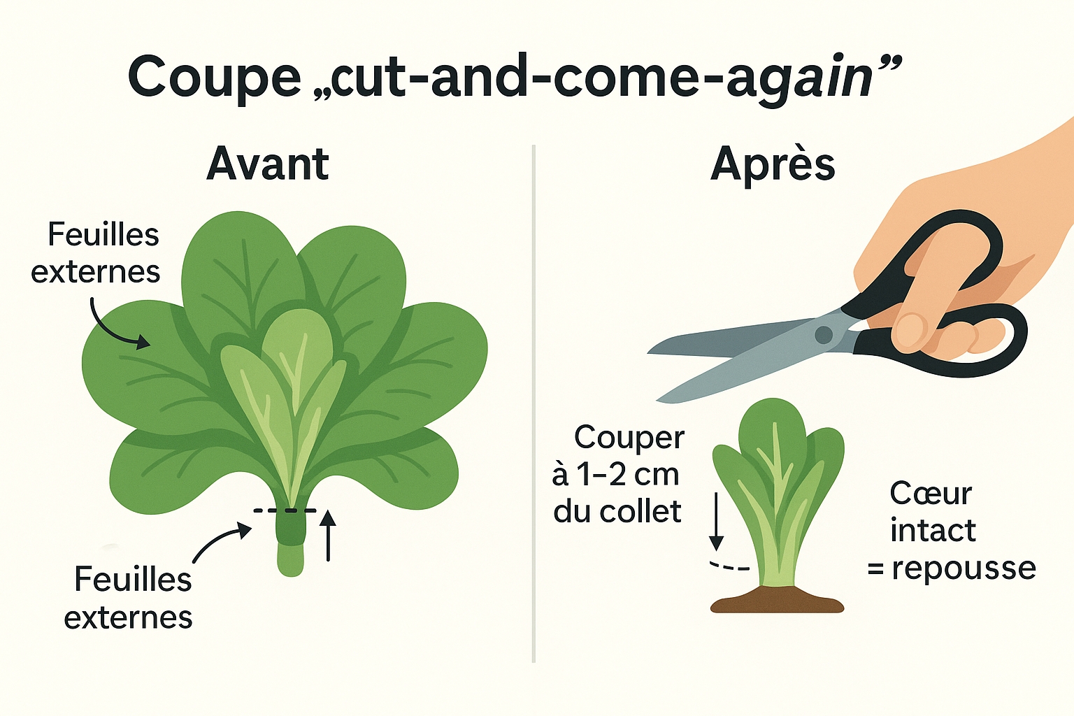 Récolte épinards en coupe au ciseau cut-and-come-again à 1–2 cm du collet, balcon