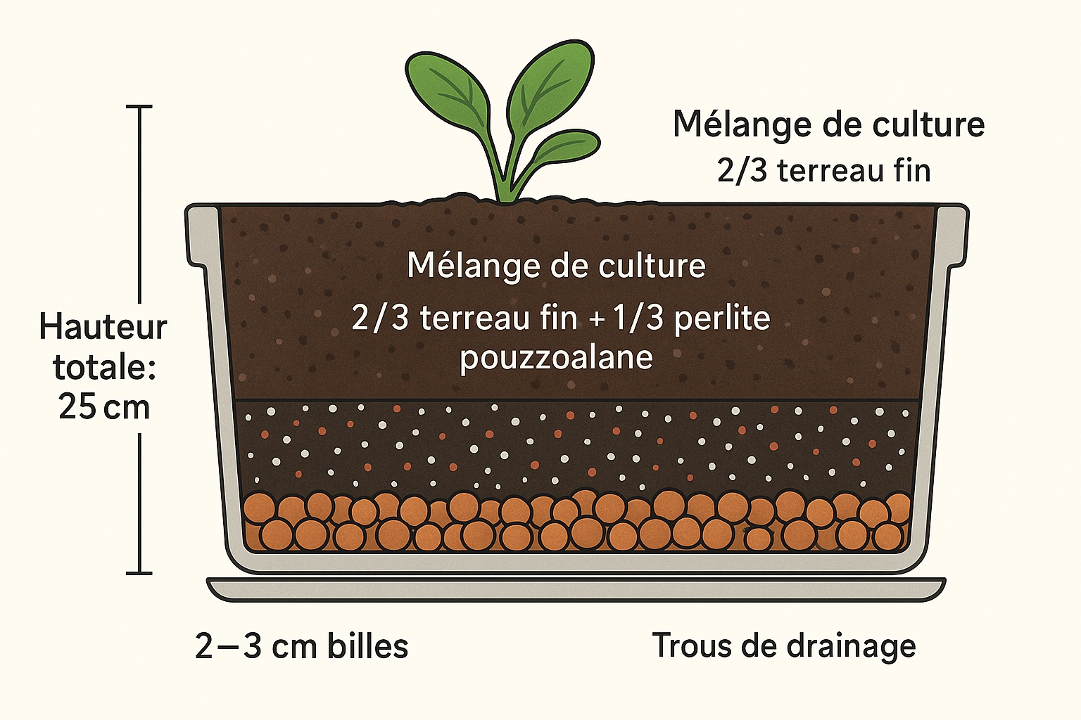 Recette substrat pour semer des épinards : 2/3 terreau fin, 1/3 perlite ou pouzzolane, billes d’argile 2–3 cm