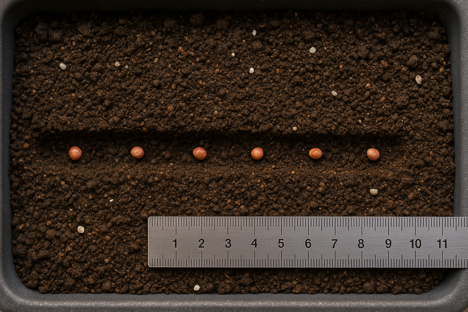 Sillon de 1 cm dans une jardinière, une graine de radis tous les 3–4 cm