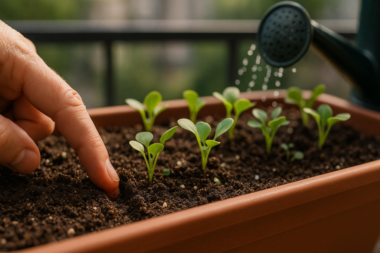Test du doigt à 2–3 cm dans le substrat d’une jardinière de radis