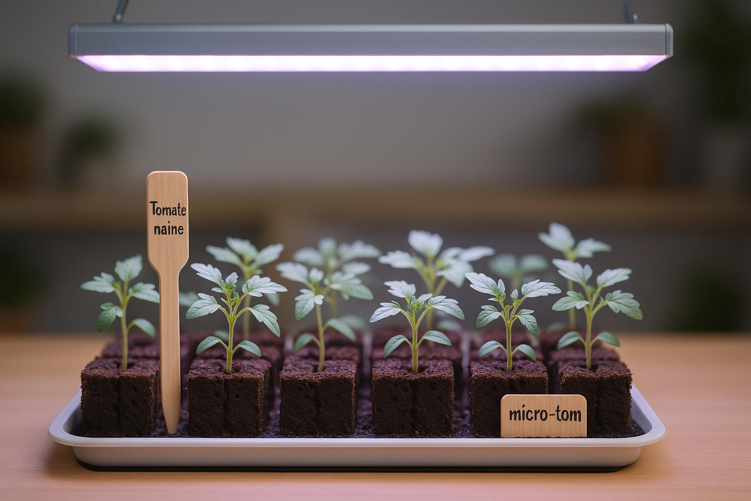 Semis de tomates cerises naines sous lampe horticole