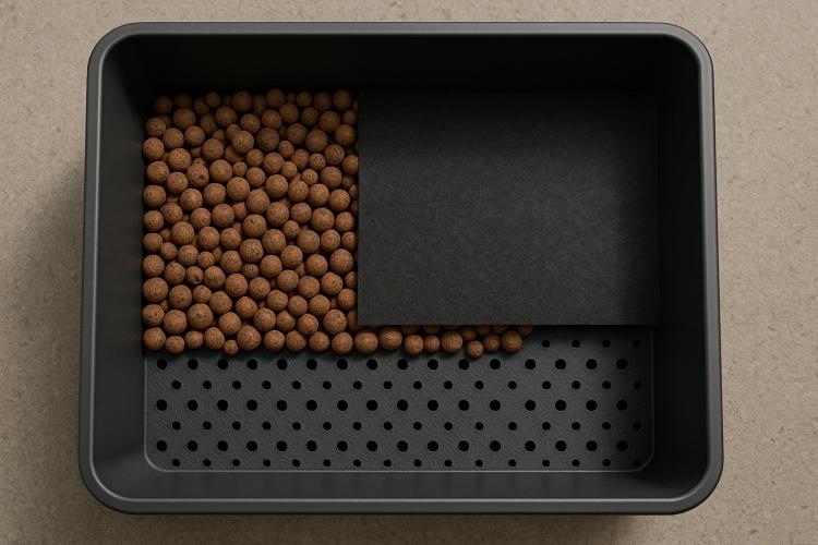 Fond de bac percé avec billes d’argile et géotextile pour un drainage efficace