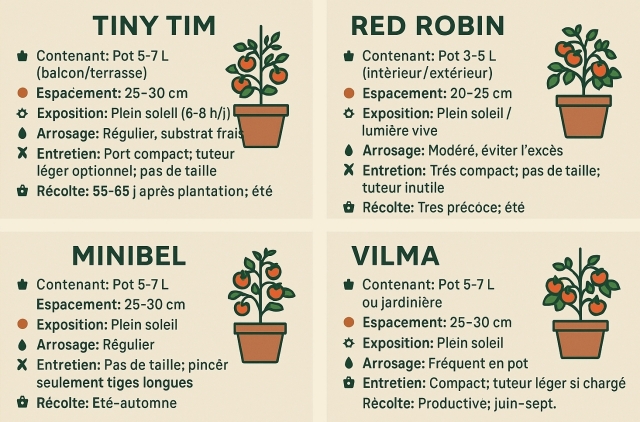 Mémo de jardinier pour tomates cerises : Tiny Tim, Red Robin, Minibel et Vilma, avec conseils contenant, espacement, exposition, arrosage, entretien et récolte