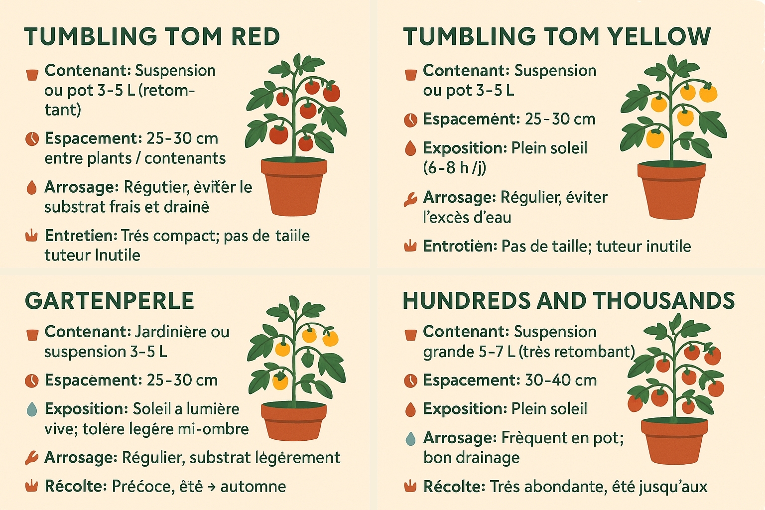 Mémo de jardinier pour tomates cerises : Tumbling Tom Red, Tumbling Tom Yellow, Gartenperle et Hundreds and Thousands, avec conseils contenant, espacement, exposition, arrosage, entretien et récolte