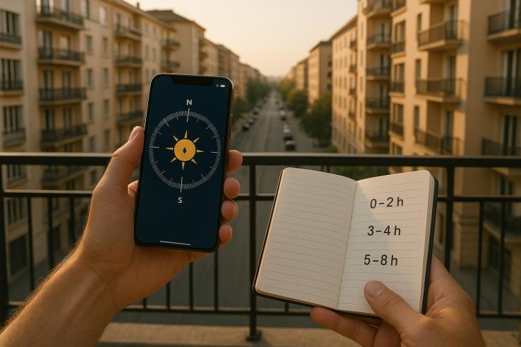 Mesure de l’ensoleillement au balcon avec smartphone et carnet d’heures de soleil direct