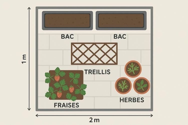 Schéma d’implantation d’un potager sur balcon de 2 m² : bacs, jardinières et treillis