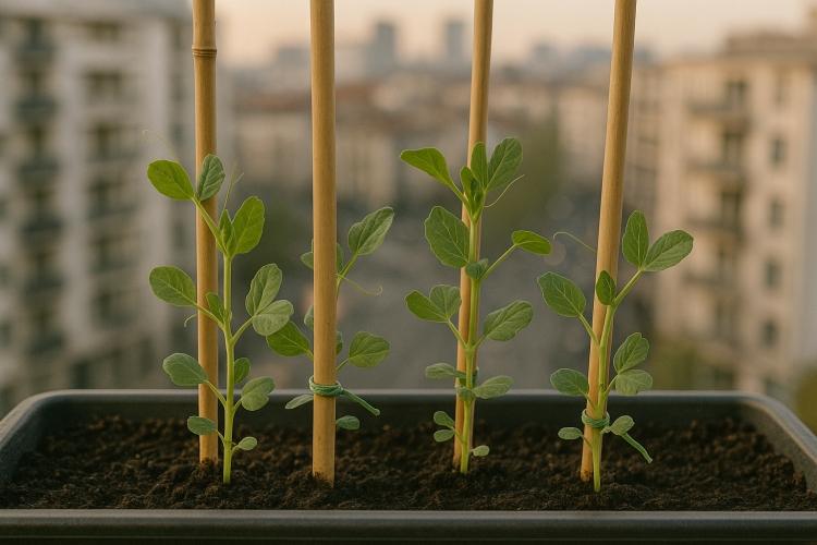 Pois nains conduits sur mini-treillis de bambou, balcon urbain