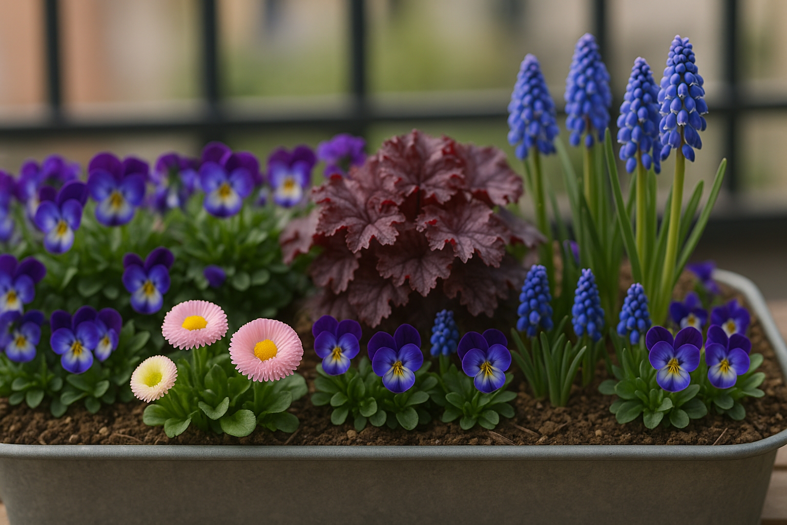 Jardinière de printemps : violettes cornues en bordure, heuchère au centre, muscari et pâquerettes