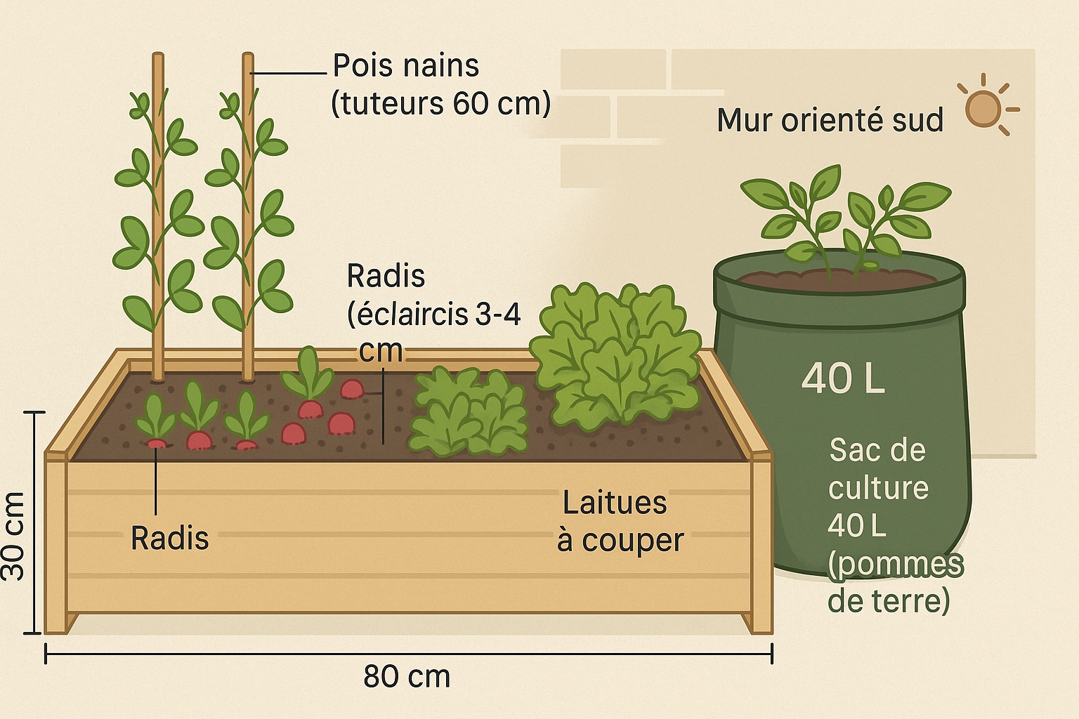 Plan de bac potager de printemps : pois nains tuteurés au fond, radis et laitues devant, sac de pommes de terre