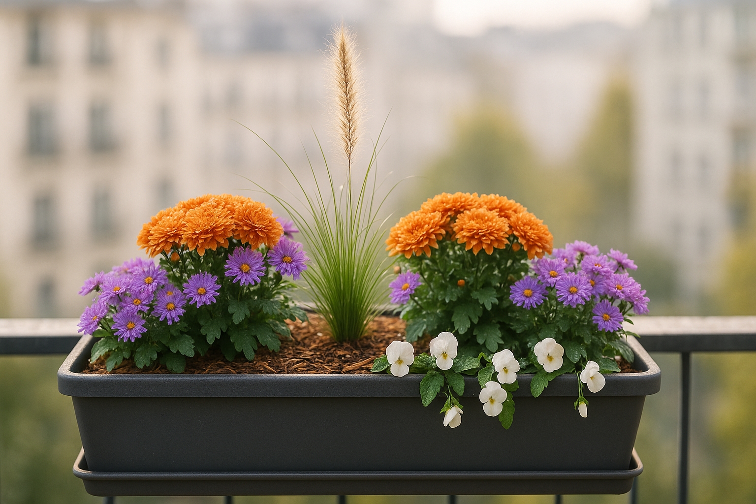 Jardinière d’automne sur balcon avec pennisetum, chrysanthèmes, asters et pensées, plantée en septembre
