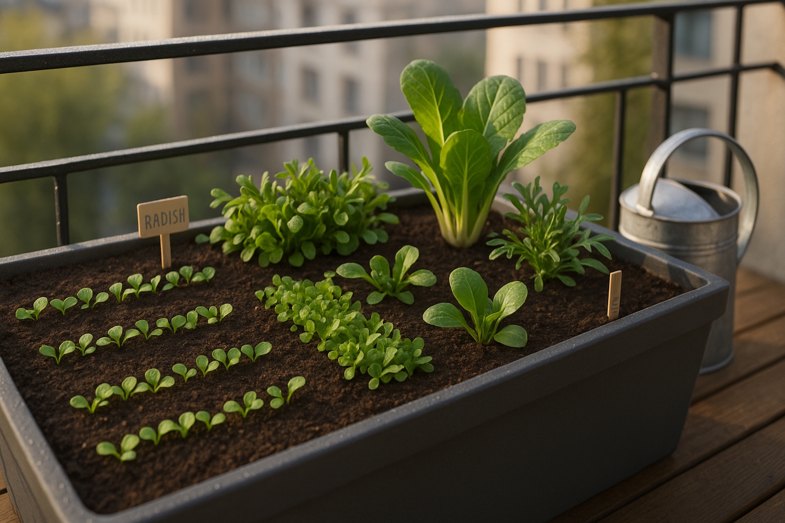 Jardinière potagère de septembre avec radis en lignes, mâche, roquette, épinards et pak-choï sur balcon