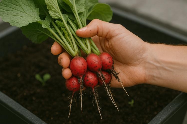 Radis jeunes récoltés en jardinière, 21–28 jours après le semis