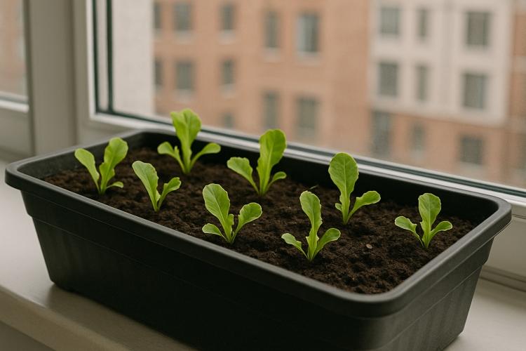 Semis de laitues à couper en jardinière sur rebord lumineux d’appartement