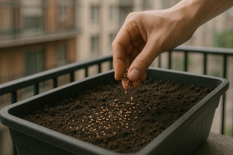 Semis de mesclun en surface dans une jardinière sur balcon