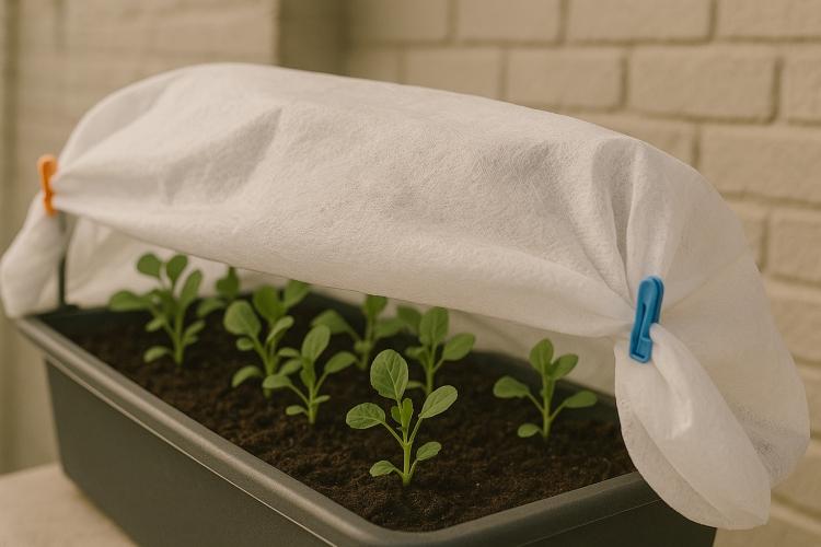 Voile d’hivernage P17 protégeant de jeunes plants sur balcon venté